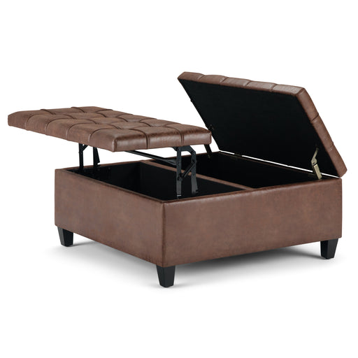 Harrison Distressed Umber Vegan Leather Coffee Table Storage Ottoman Glass House Furnishings