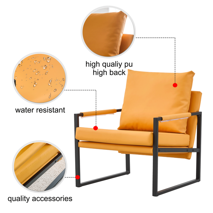 2-Piece Medieval Metal Frame Armchair, Orange PU Leather with Cushion Backrest, Living Room Sofa Chair