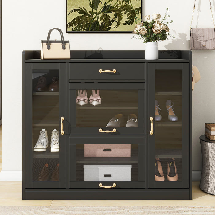 ON-TREND Modernist Side Cabinet with 4 Glass Doors & 3 Hooks, Freestanding Shoe Rack with Multiple Adjustable Shelves, Versatile Display Cabinet with Gold Handles for Hallway, Living Room, Black