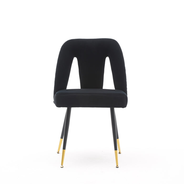 Set of 2 Modern Velvet Upholstered Dining Chairs With Nailheads & Gold Tipped Black Metal Legs, Black