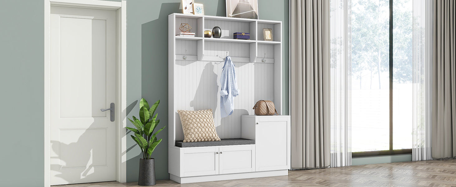 ON-TREND Elegant Design Hall Tree with Comfort and Storage Solutions, Functional Hallway Shoe Cabinet with Bench&Cushion, Modern Coat Rack with Hooks for Entryways, White