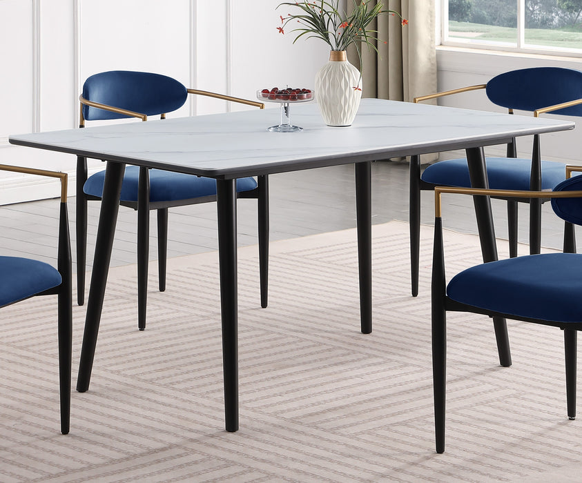 Modern Contemporary 5pc Dining Set White Sintered Stone Table and Blue Chairs Fabric Upholstered Stylish Furniture