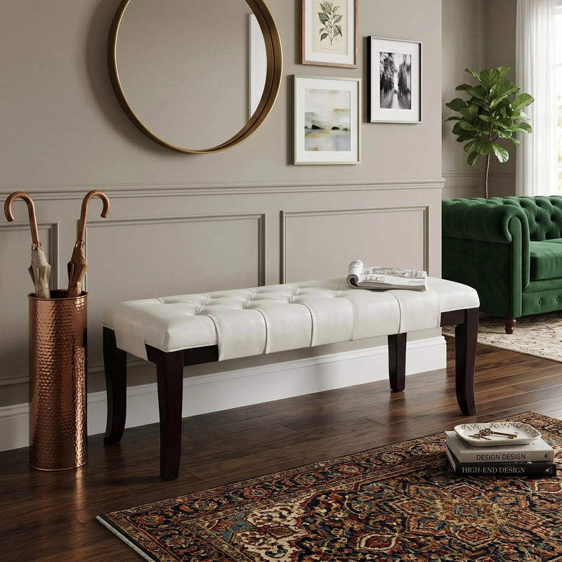 Linon Tufted Bench, Faux Leather, White Glass House Furnishings