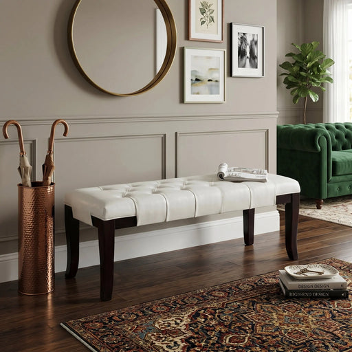 Linon Tufted Leather White Bench | Glass House Furnishings