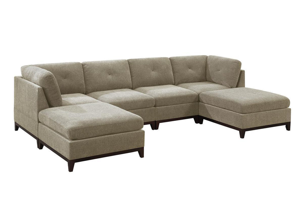 Camel Chenille Fabric Modular Sectional 6pc Set Living Room Furniture U-Sectional Couch 2x Corner Wedge 2x Armless Chairs and 2x Ottomans Tufted Back Exposed Wooden Base