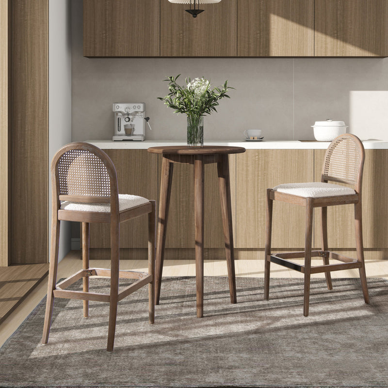 Panama 30.5' Curved Back Cane Rattan Bar Stool, Set of 2, Ivory White Boucle Glass House Furnishings