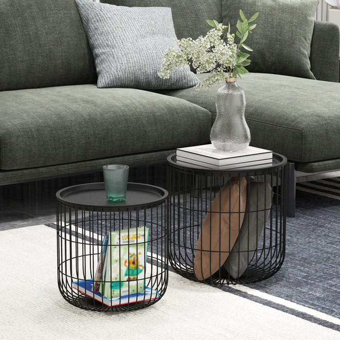 HOMCOM Nesting Coffee Tables, Round Coffee Table Set of 2 with Steel Wired Basket Body and Removable Top, Stacking End Tables Blanket Storage for Living Room, Black