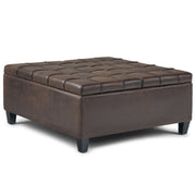 Harrison Distressed Brown Vegan Leather Coffee Table Storage Ottoman Glass House Furnishings