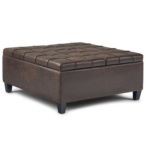 Harrison Distressed Brown Vegan Leather Coffee Table Storage Ottoman Glass House Furnishings