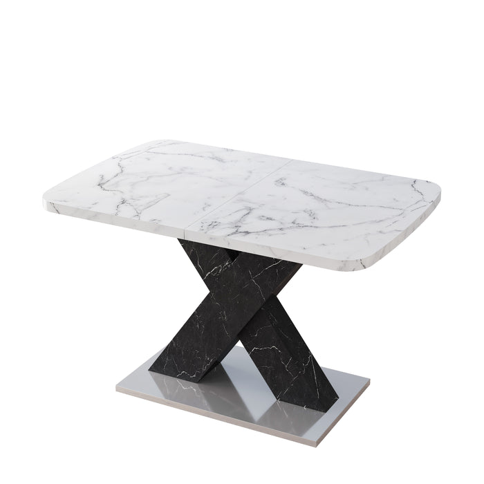 Modern Square Dining Table, Stretchable, White Marble Table Top+MDF Black X-Shape Table Leg with Metal Base