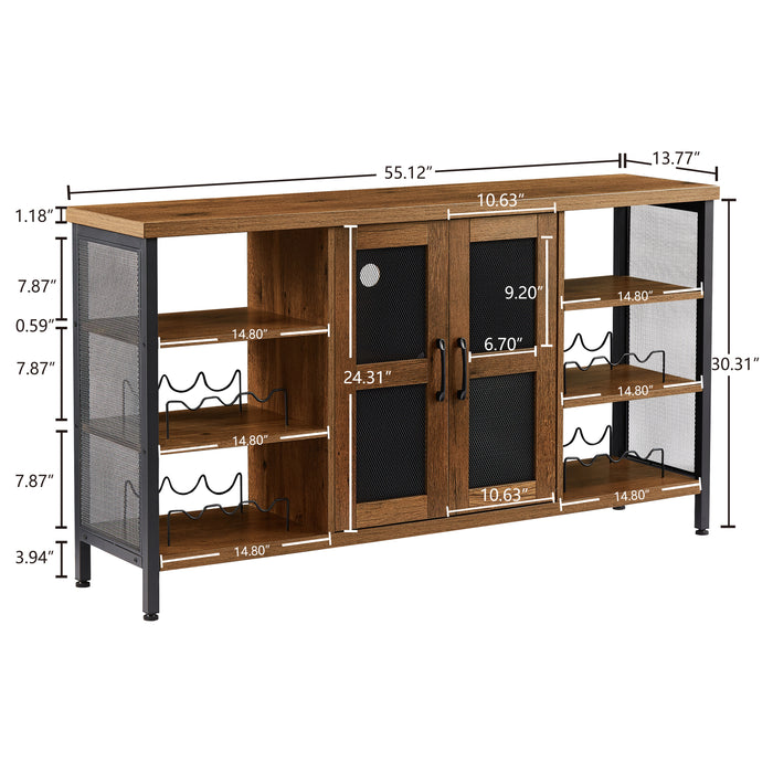 Industrial Wine Bar Cabinet, Liquor Storage Credenza, Sideboard with Wine Racks & Stemware Holder, Hazelnut Brown (55.12''W x 13.78''D x 30.31''H)