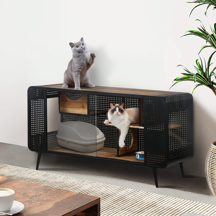 55.12-Inch Spacious Cat House With Tempered Glass, Perfect For Living Room, Hallway, Study, and More