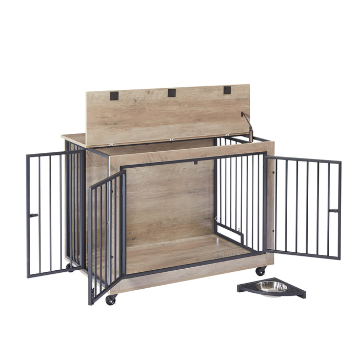 Furniture Style Dog Crate Side Table With Rotatable Feeding Bowl, Wheels, Three Doors, Flip-Up Top Opening. Indoor, Grey, 38.58"W x 25.2"D x 27.17"H