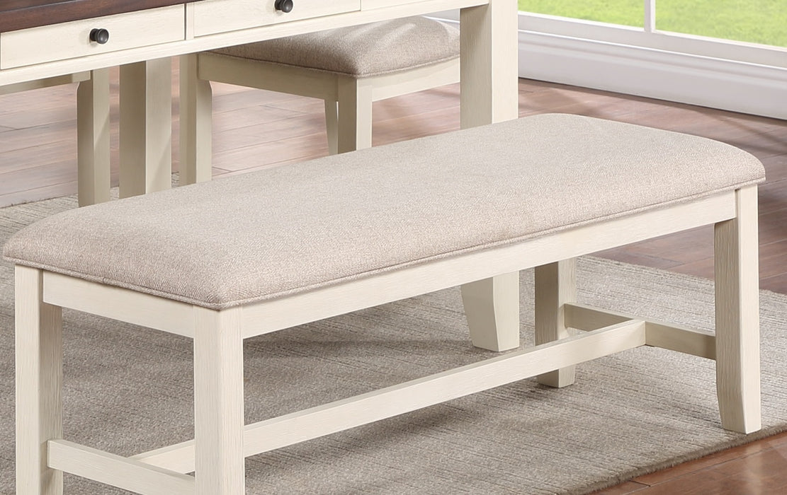 White Classic Rubberwood Bench with Beige Fabric Cushion Seat - Dining Room Furniture