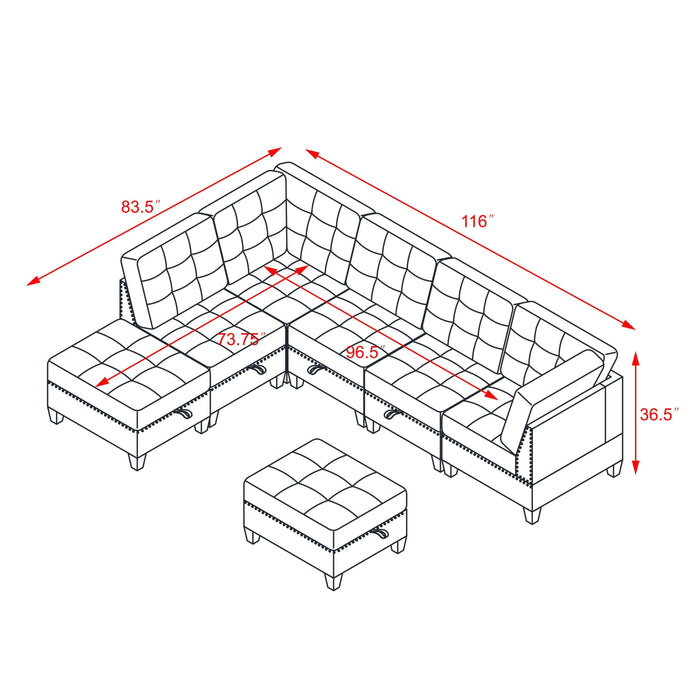 L-Shape Modular Sectional Sofa Set, DIY Combination with 3 Single Chairs, 2 Corners, and 2 Ottomans - Black Velvet