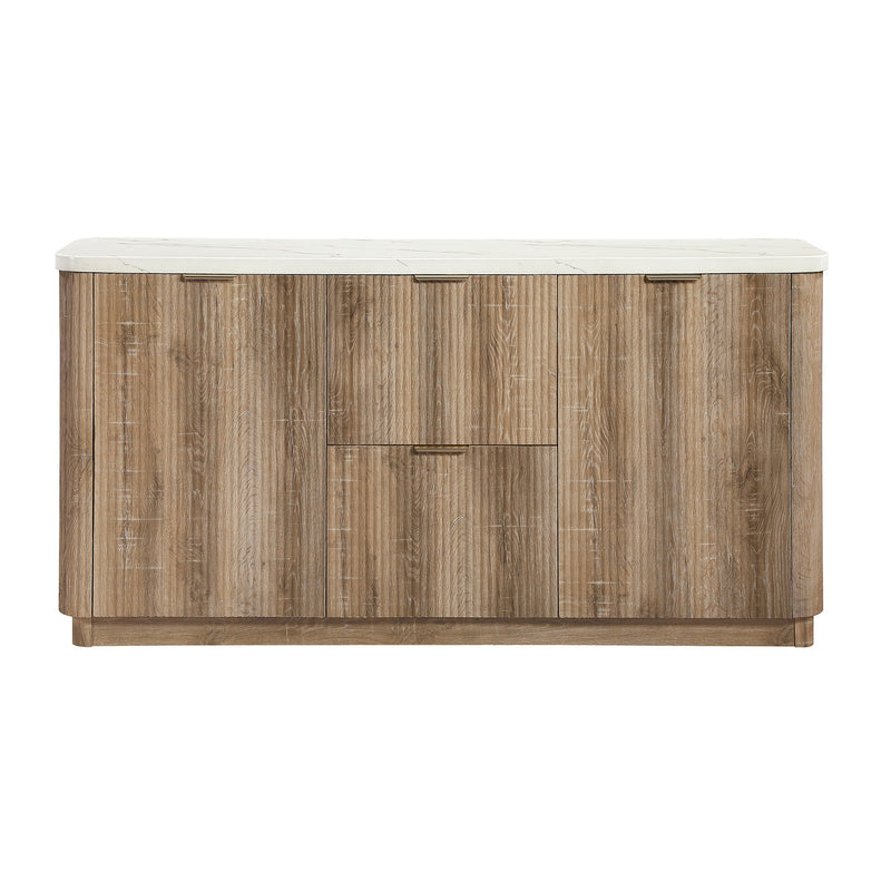 Donnie Storage Buffet in Natural Finish with Farmhouse Style, Solid Wood and MDF Construction, Marble-Like Top,  Cabinets and Drawer Storage Glass House Furnishings