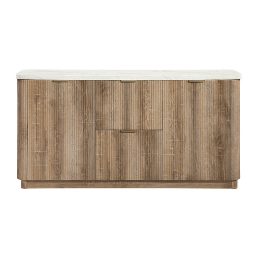 Donnie Storage Buffet in Natural Finish with Farmhouse Style, Solid Wood and MDF Construction, Marble-Like Top,  Cabinets and Drawer Storage Glass House Furnishings