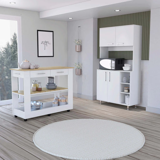 Nadina 4-Door 2-Drawer 2-piece Kitchen Set, Kitchen Island and Kitchen Pantry White and Light Oak Glass House Furnishings