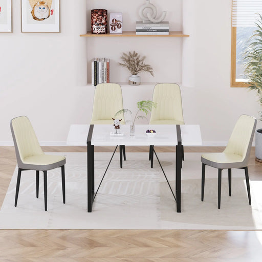 55 '4-person modern MDF dining table set, kitchen black metal leg dining table and chair set, industrial rectangular white tabletop and dining room thick padded PU dining chairs Glass House Furnishings