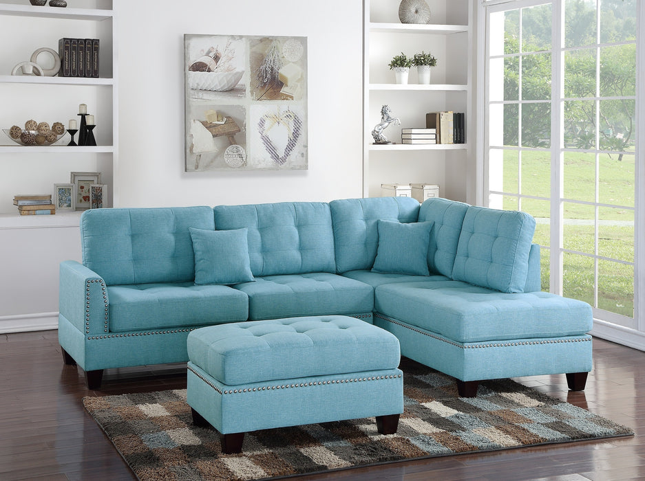 3-Piece Modern Sectional Living Room Furniture Set with Reversible Chaise, Sofa and Ottoman - Tufted Polyfiber Linen-Like Fabric, Cushion Couch with Pillows, Blue