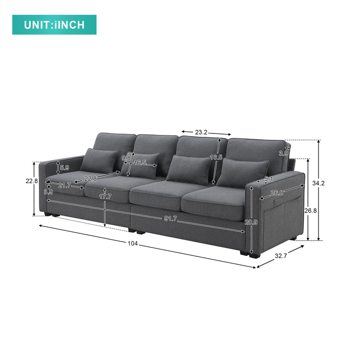 Modern 104" 4-Seater Linen Sofa with Armrest Pockets and Pillows