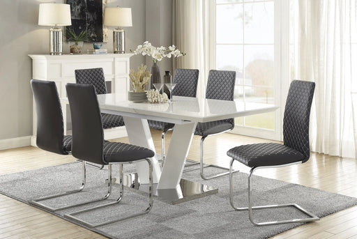 Modern Contemporary 7pc Dining Set White High Gloss Finish Table w Extension Leaf V-shaped Support Gray faux Leather Upholstered Chairs Diamond Pattern Stitching Luxury Furniture Set Glass House Furnishings