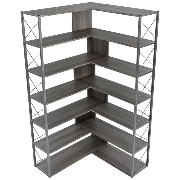 7-Tier L-Shaped Corner Bookcase, Industrial Style with Metal Frame and Open Storage Shelves, Perfect for Home Office - MDF Board, Silver + Grey