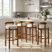 Elise Indoor Wooden Low Back Barstool, Walnut Finished and White Upholstery, Set of 4 Glass House Furnishings