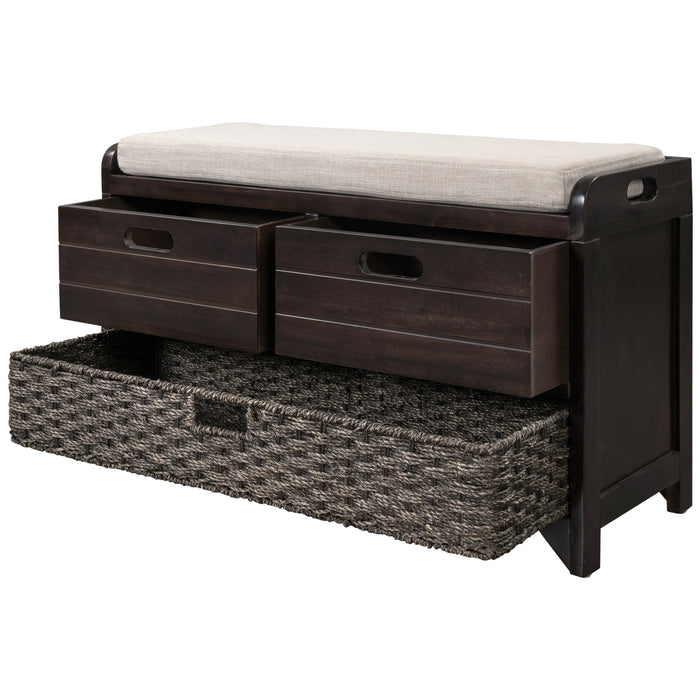 TREXM  Storage Bench with Removable Basket and 2 Drawers, Fully Assembled Shoe Bench with Removable Cushion (Espresso)