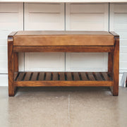 Benson Tan Leather Solid Wood Slatted Bench Glass House Furnishings