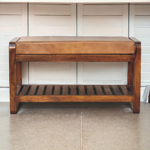 Benson Tan Leather Wood Bench | Glass House Furnishings