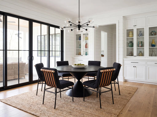 Haven 7 Piece Dining Set for 6, 59-Inch Round Ebony Black Pedestal Dining Table with Sculptural Hourglass Base and Black Boucle Upholstered Chairs, Modern Dining Room Furniture Set Glass House Furnishings