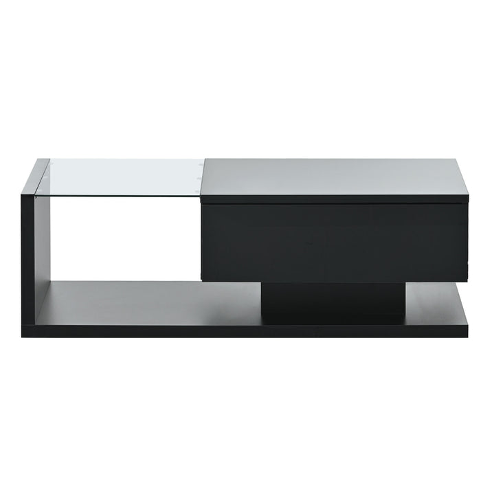 [VIDEO provided] ON-TREND Modern Coffee Table with Tempered Glass, Wooden Cocktail Table with High-gloss UV Surface, Modernist 2-Tier Rectangle Center Table for Living Room, Black