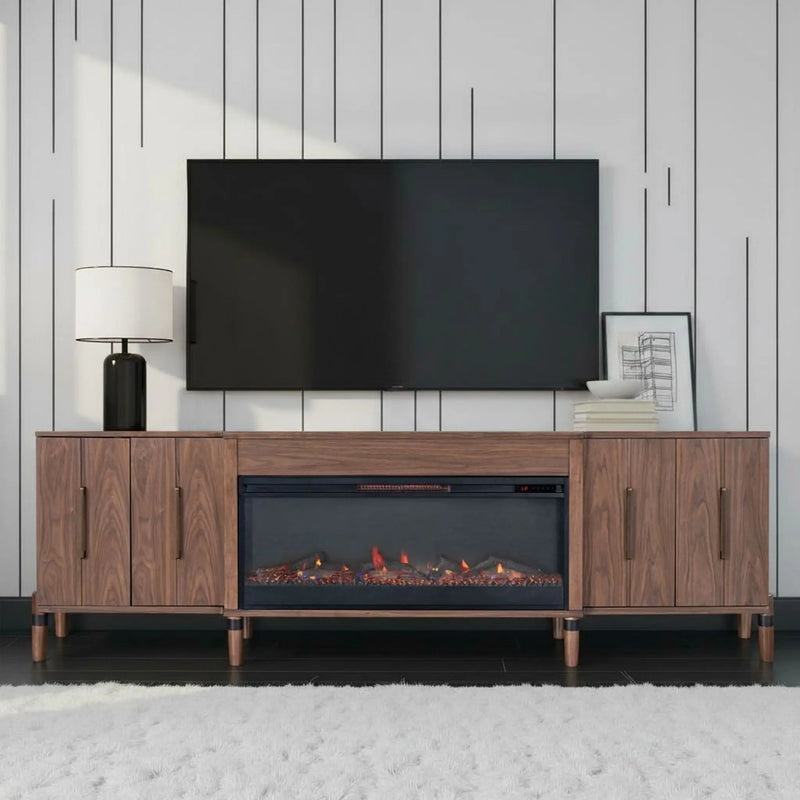Tranquility 94 inch Fireplace TV Stand, for TVs up to 100 inches, Minimal Assembly, Walnut Finish Glass House Furnishings