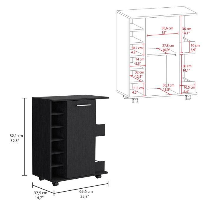 Bar Cart with Six-Wine Cubbies Cabot, Two-Side Storage Shelves and Casters, Black Wengue Finish