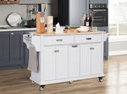 Kitchen Island with Rubber wood Countertop, Kitchen Cart on 5 Wheels with Storage Cabinet and 2 Top Drawers and A center double layered storage drawer for Dinning Room, White Glass House Furnishings