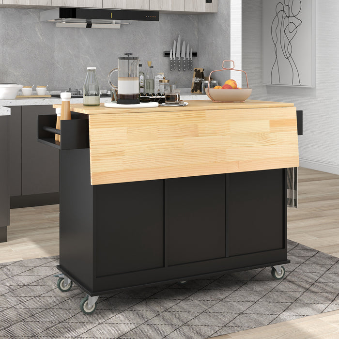 Rolling Mobile Kitchen Island with Solid Wood Top and Locking Wheels, with 52.7 Inch Width, Storage Cabinet, and Drop Leaf Breakfast Bar, including Spice Rack, Towel Rack & Drawer, Black