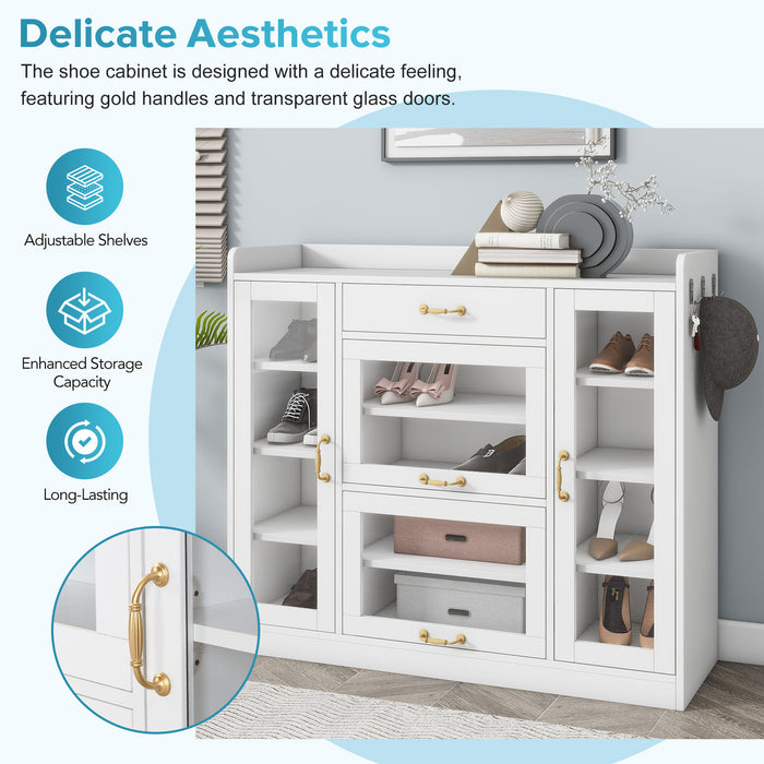 ON-TREND Modernist Side Cabinet with 4 Glass Doors & 3 Hooks, Freestanding Shoe Rack with Multiple Adjustable Shelves, Versatile Display Cabinet with Gold Handles for Hallway, Living Room, White