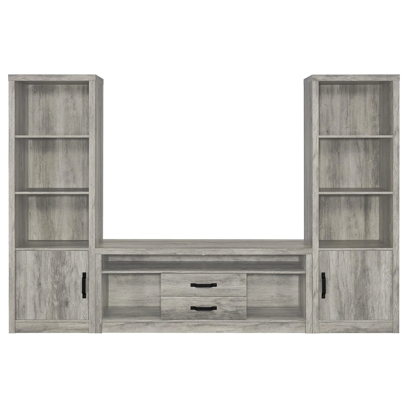 Conifer Grey Driftwood 3-Piece TV Entertainment Center with Modern Storage and Display Features in Engineered Wood Glass House Furnishings