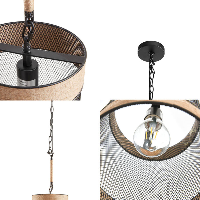 Natural Rope and Metal Mesh Cylinder Pendant