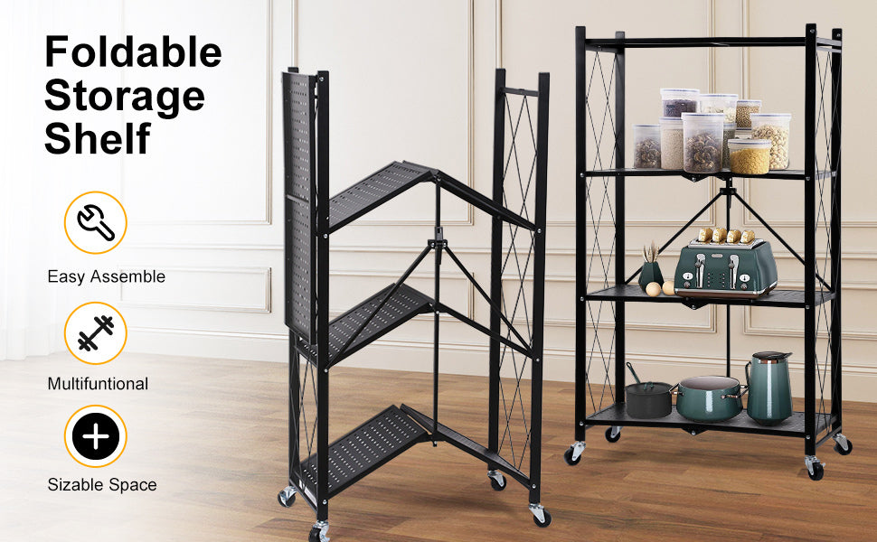 HealSmart 4-Tier Heavy Duty Foldable Metal Rack Storage Shelving Unit with Wheels - Easy Moving Organizer Shelves for Garage & Kitchen - Holds up to 1000 Ibs Capacity, Black