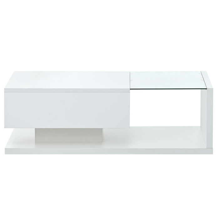 [VIDEO provided] ON-TREND Modern Coffee Table with Tempered Glass, Wooden Cocktail Table with High-gloss UV Surface, Modernist 2-Tier Rectangle Center Table for Living Room, White