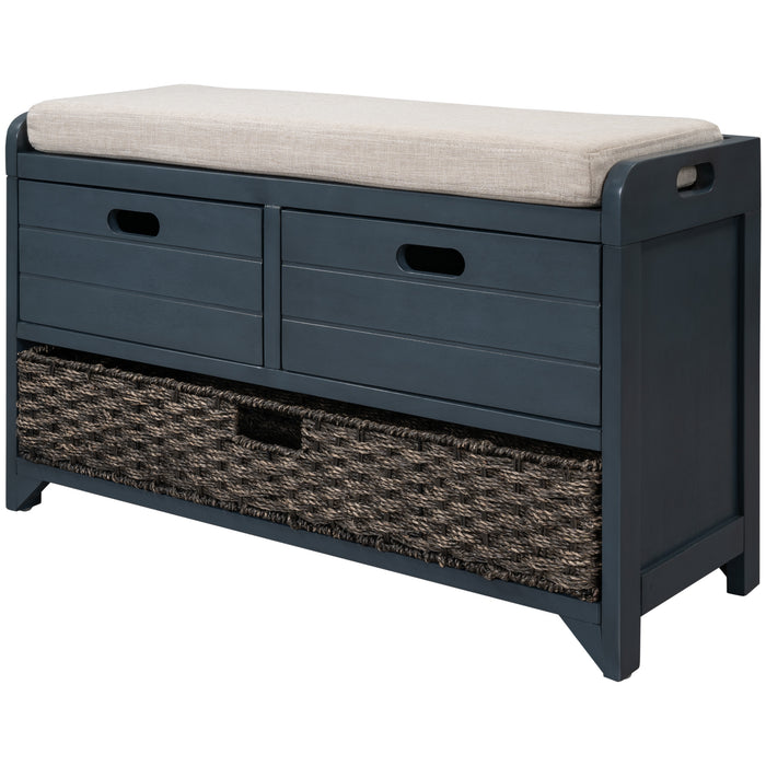 TREXM  Storage Bench with Removable Basket and 2 Drawers, Fully Assembled Shoe Bench with Removable Cushion (Navy)