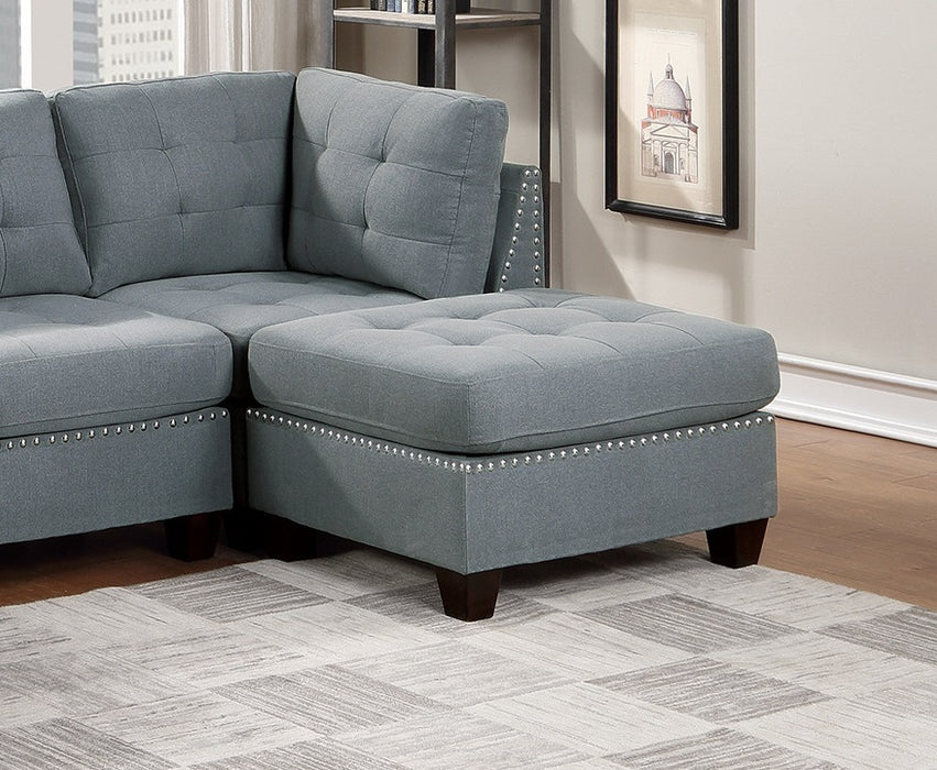 Modular Sectional 6pc Set Living Room Furniture U-Sectional Tufted Nail heads Couch Gray Linen Like Fabric 2x Corner Wedge 2x Armless Chairs and 2x Ottomans