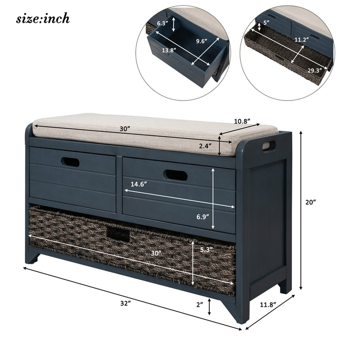 TREXM  Storage Bench with Removable Basket and 2 Drawers, Fully Assembled Shoe Bench with Removable Cushion (Navy)