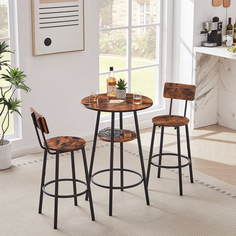 Round bar stool set with shelves, stool with backrest Rustic Brown, 23.6'' Dia x 35.4'' H Glass House Furnishings