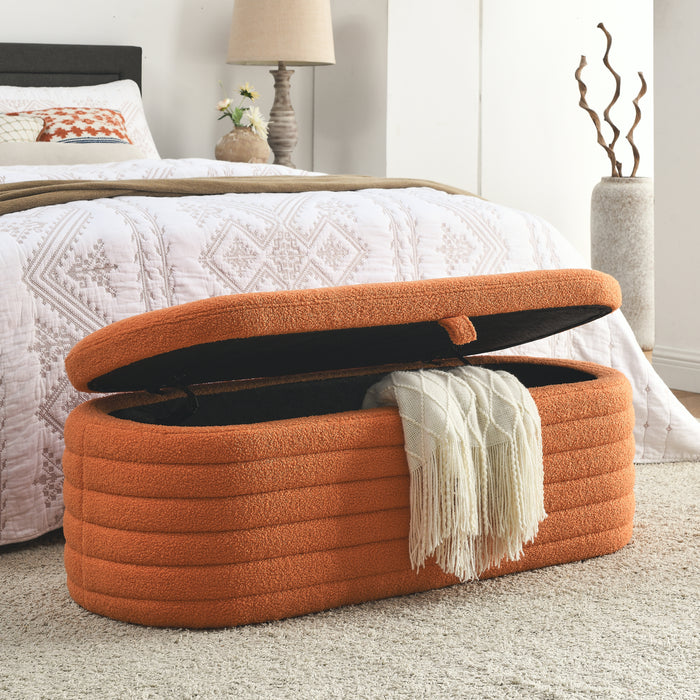 [Video] Welike Length 45.5 inchesStorage Ottoman Bench Upholstered Fabric Storage Bench End of Bed Stool with Safety Hinge for Bedroom, Living Room, Entryway, orange teddy.