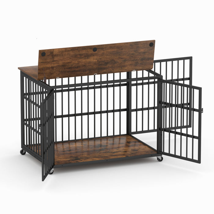 Furniture style dog crate wrought iron frame door with side openings, Rustic Brown, 43.3''W x 29.9''D x 33.5''H.