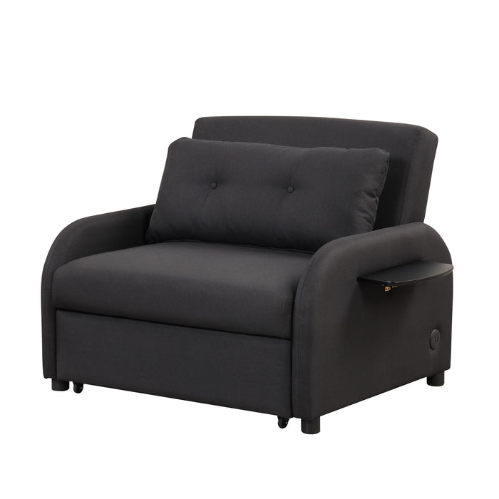 pull out sofa sleeper 3 in 1 with 2 wing table and usb charge for nap line fabric for living room recreation room Black