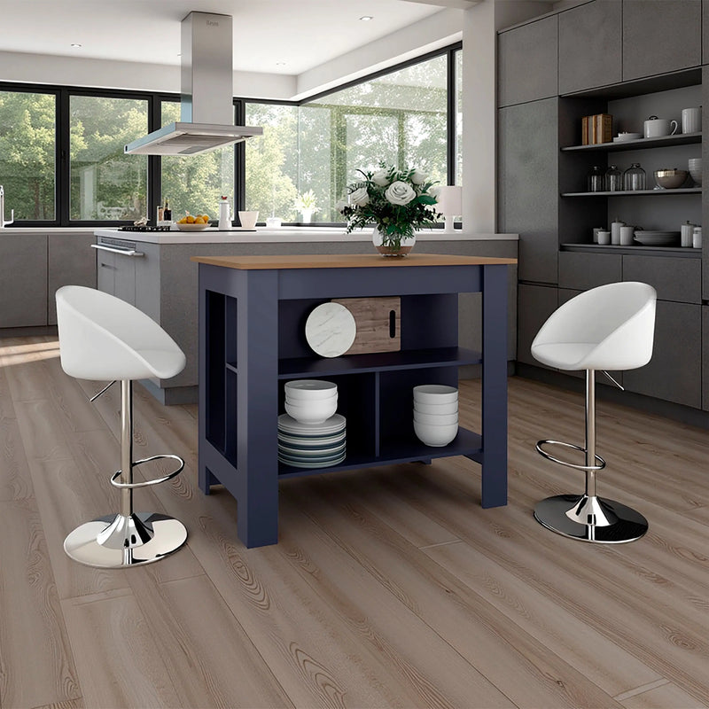 Cala Kitchen Island, Three Open Shelves, One Top Shelf, Four Legs, Modern Kitchen Decor And Organizer Glass House Furnishings